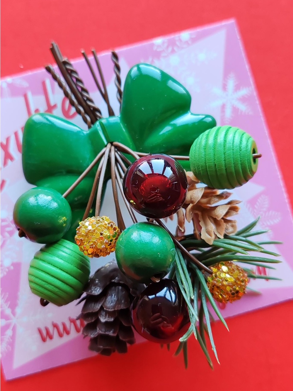 Green Luxulite Christmas Brooch with Mixed Beads, Pinecones
